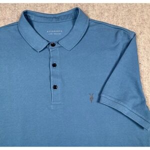 AllSaints Polo Shirt Mens Large Blue Short Sleeve Ramskull Logo Pique Cotton